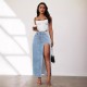 Factory direct sales: European and American cross-border high-slit denim skirt for women, 2025 spring and summer new washed solid color midi skirt