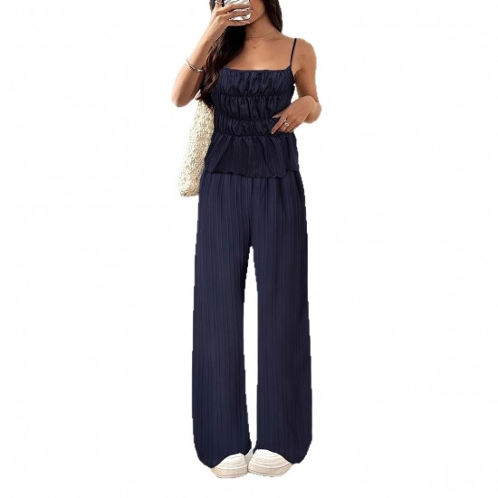 Suspender pleated waisted, slimming dark blue retro wide-leg pants, two-piece suit for women, casual straight pants, versatile set. Suspender pleated waisted, slimming dark blue retro wide-leg pants, two-piece suit for women, casual straight pants, versatile set.