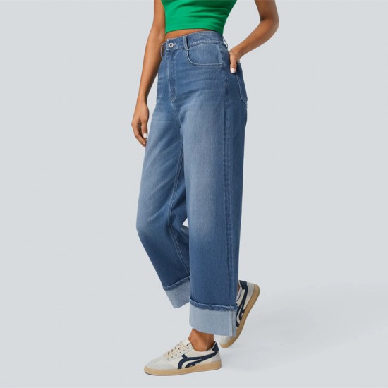 2025 Spring new European and American cross-border fashionable high-waisted straight-leg jeans with cuffed hems for women, casual wide-leg pants. 2025 Spring new European and American cross-border fashionable high-waisted straight-leg jeans with cuffed hems for women, casual wide-leg pants.