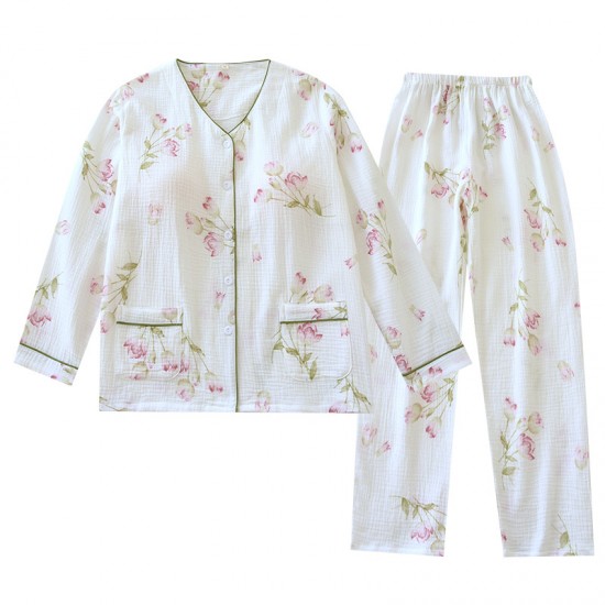Women's padded pajamas, double-layered gauze, bra-free, long-sleeved, thin cotton loungewear, spring and autumn set Women's padded pajamas, double-layered gauze, bra-free, long-sleeved, thin cotton loungewear, spring and autumn set