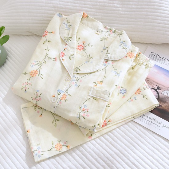 2025 spring new pure cotton gauze pajamas, women's loungewear set, long-sleeved, thin crepe, summer cotton 2025 spring new pure cotton gauze pajamas, women's loungewear set, long-sleeved, thin crepe, summer cotton