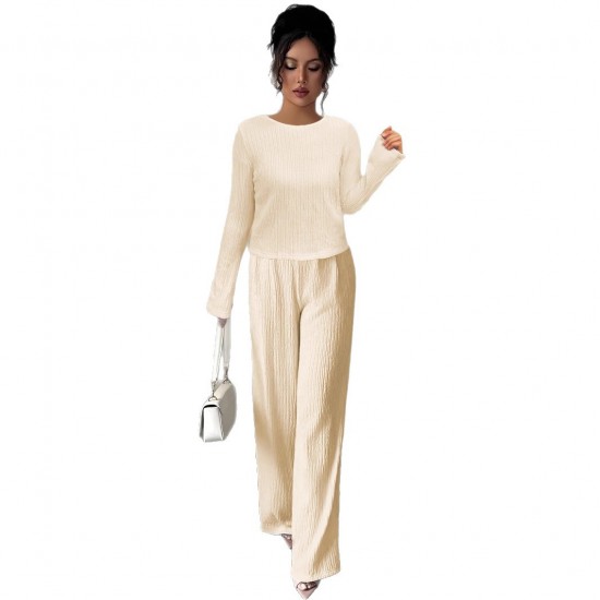 Women's suit with a hollowed-out bow at the back, 2025 summer elegant round-neck long-sleeved top and trousers, two-piece set. Women's suit with a hollowed-out bow at the back, 2025 summer elegant round-neck long-sleeved top and trousers, two-piece set.